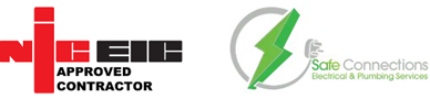 NIICEIC approved contractor logo and Safe Connections Electrical and Plumbing Services logo with a green lightning bolt representing electrical services available for 14 projects and safe installations